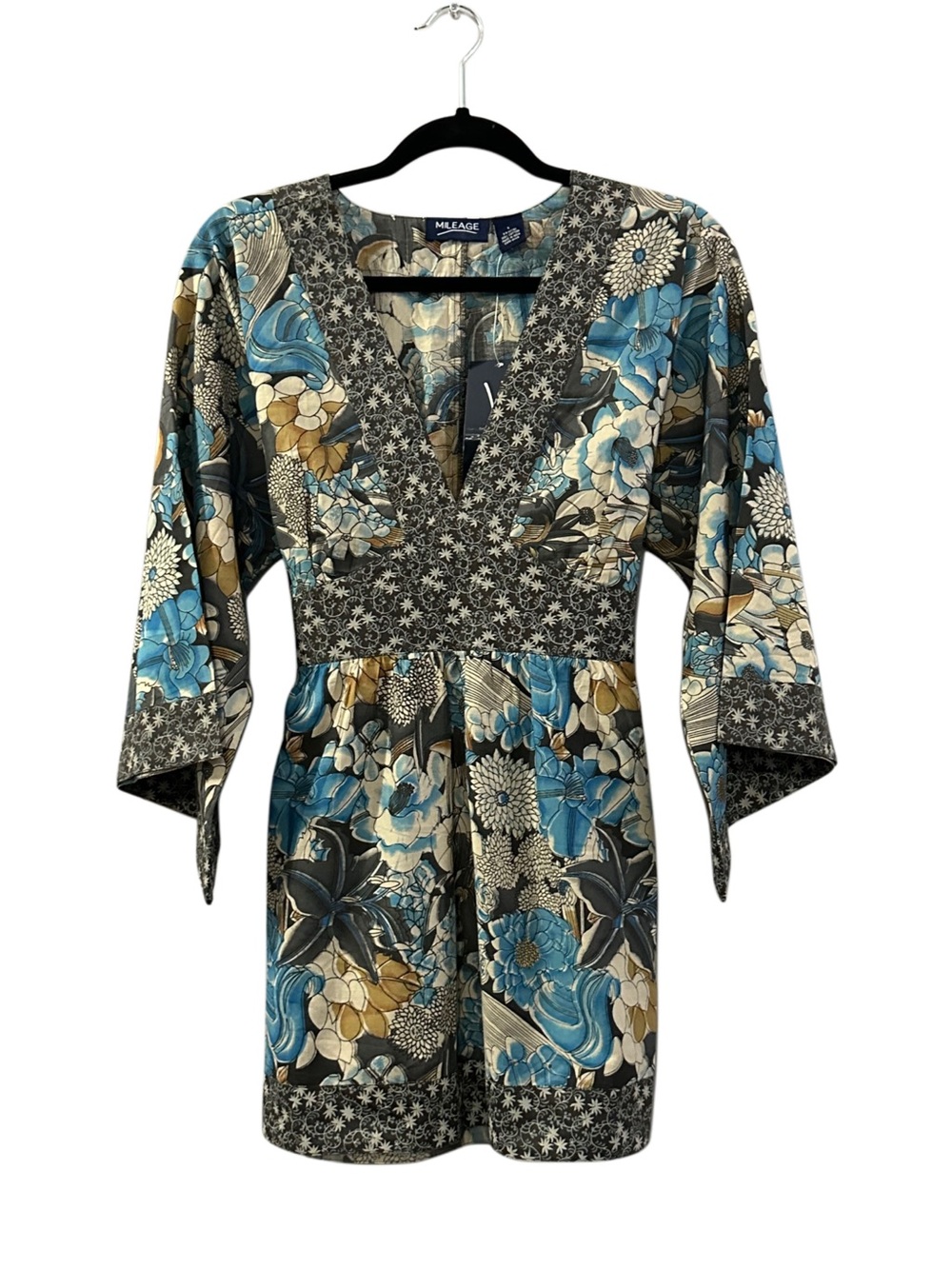 Mileage Blue Floral Vintage Vibe Boho Tie Back Tunic Top Size L